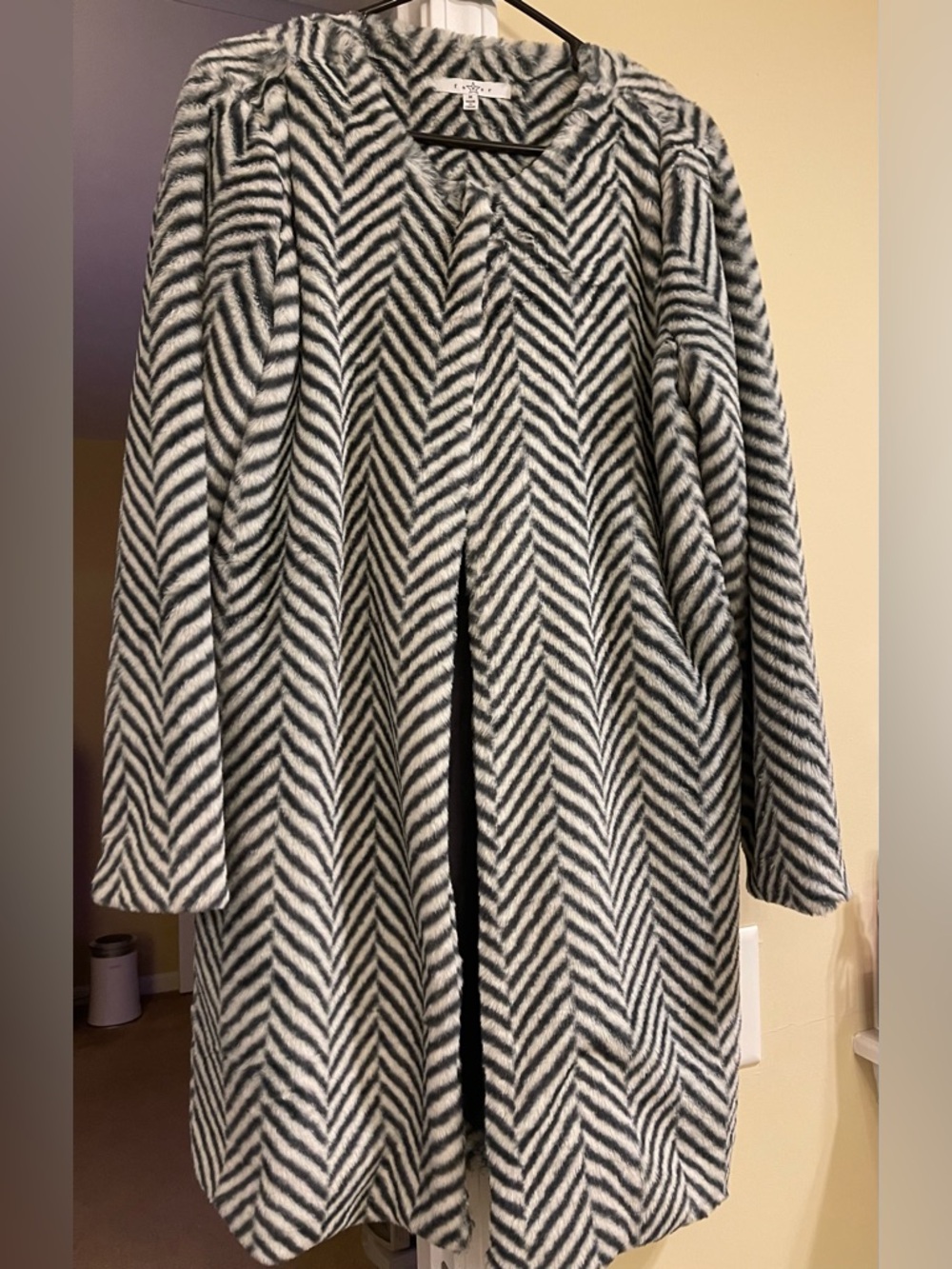 Fever Black and White Chevron Faux Fur Coat